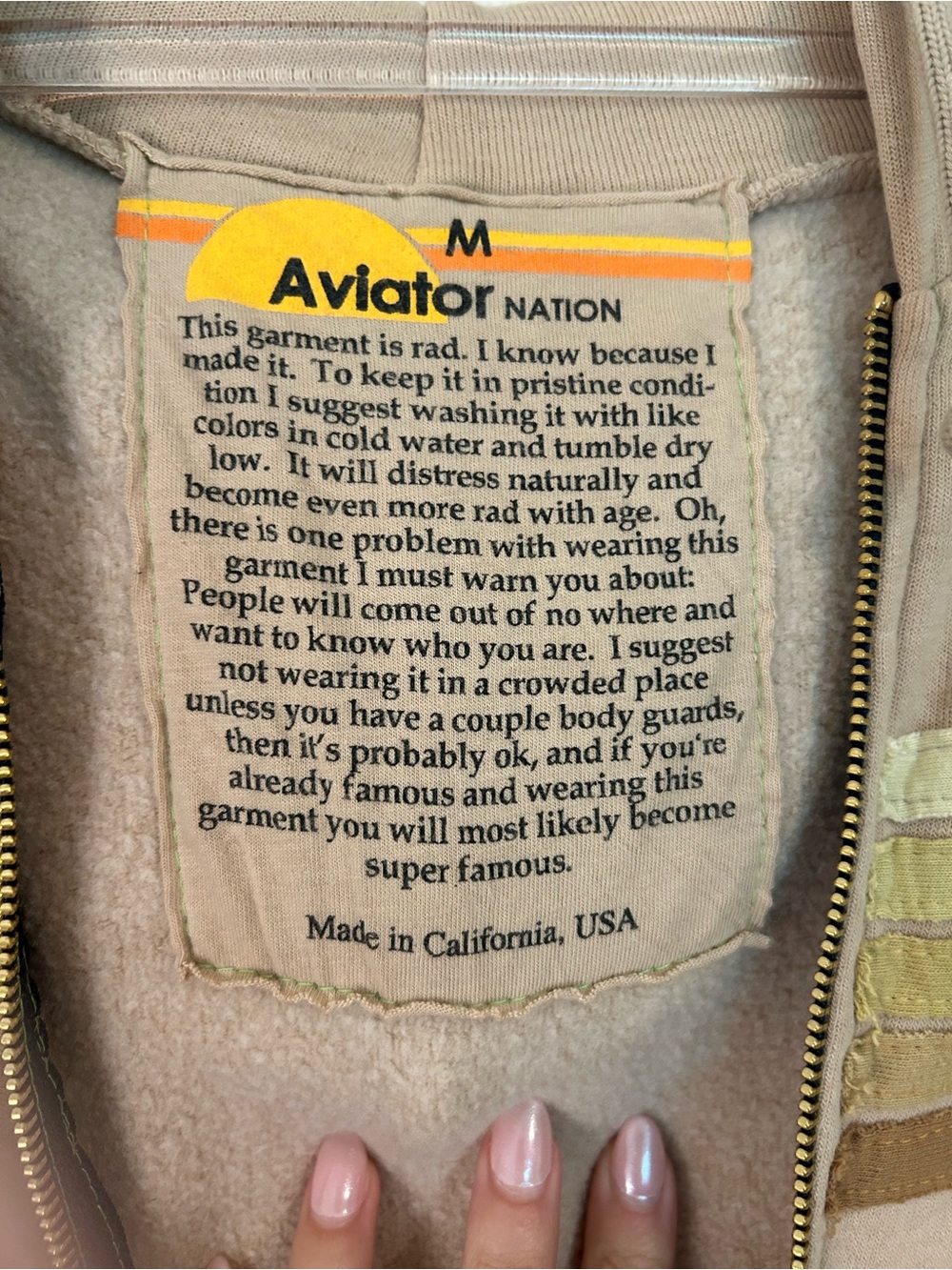 Aviator Nation Beige Zip Hoodie with Yellow Stripe Accents - Picture 7 of 7